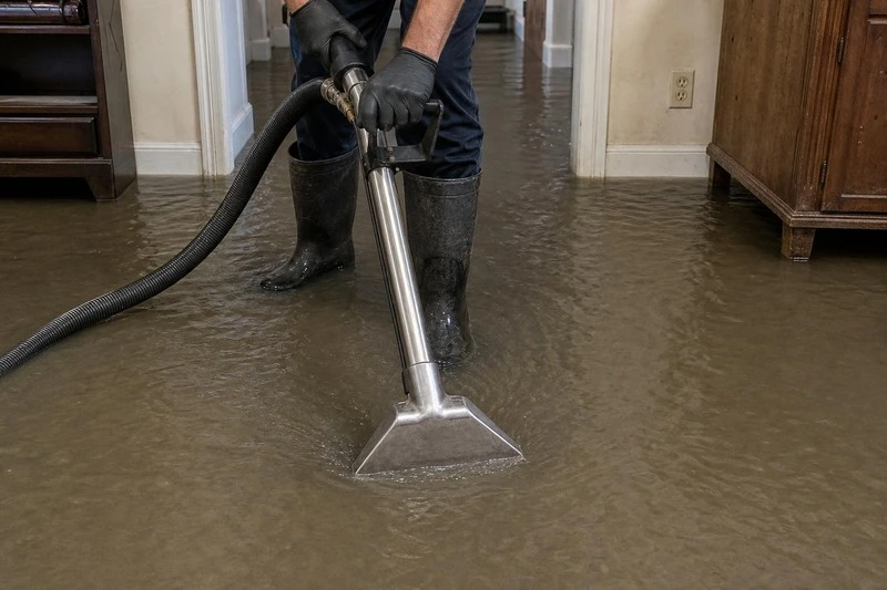 Lane by lane a technician lifts water out of Kearns carpet, the weighted head leaving a darker stripe behind it