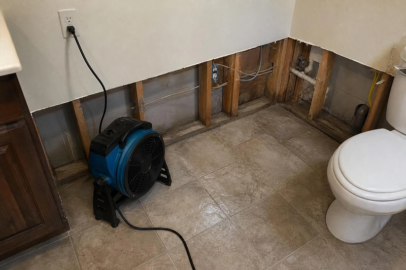 In a Kearns bathroom, a dark blue axial mover dries large-format tile below a flood cut running two feet up the walls