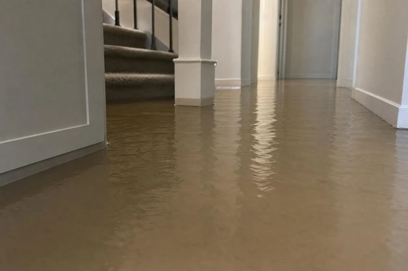 Standing water covers the vinyl plank floor of a Kearns hallway, deep enough to hide the base of the newel post at the stairs