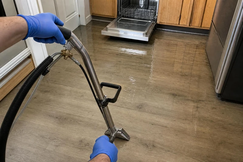 Gloved hands hold an extraction wand down on the plank floor of a Layton kitchen, water sheeting out from the open dishwasher