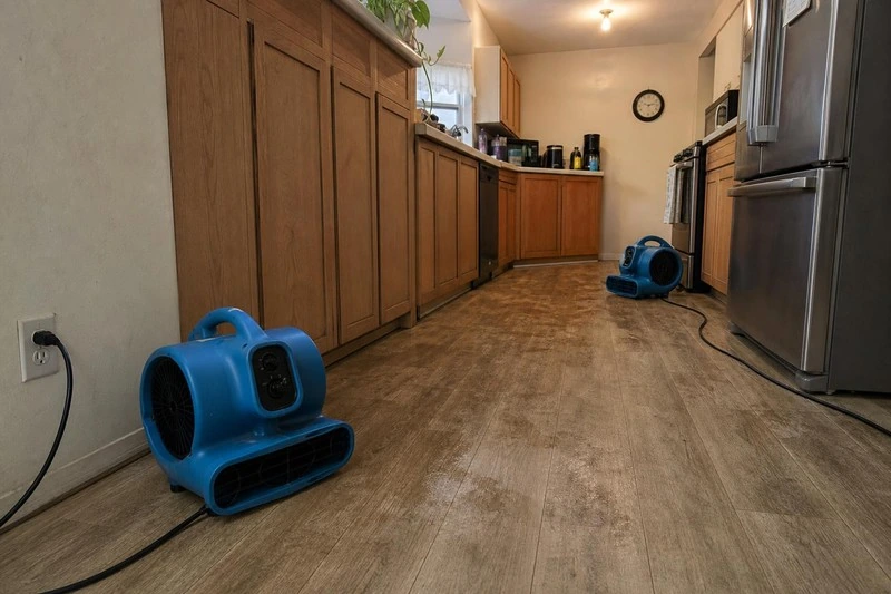 Under the cabinets of a Layton kitchen, two air movers aim along the toe kick with the water already off the plank