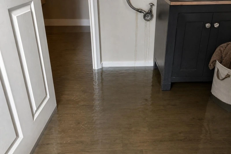 Two thin streaks run down a Layton laundry wall from a leaking supply valve, and the water they feed lies flat across the plank floor below