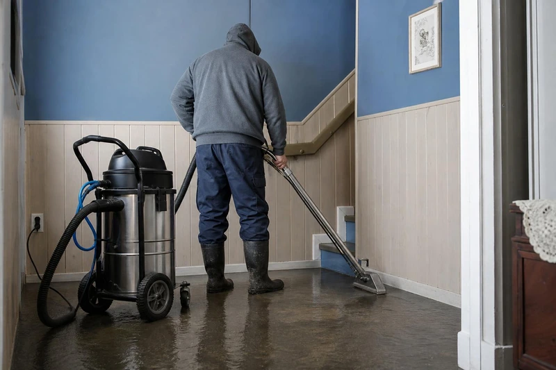A hooded technician runs a wand across wet concrete in a Magna hallway, a wheeled wet vac parked at the left wall