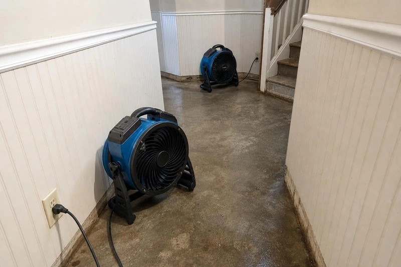Beadboard wainscot lines the Magna hallway where two fans now run on concrete the crew has already pulled dry