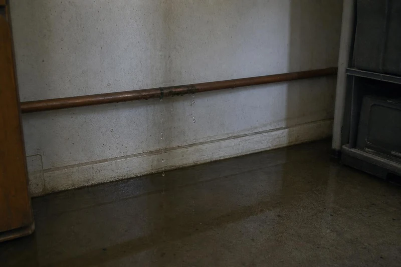 Under a Magna utility room a copper line has split from freezing, and the water it has been losing lies in a flat pool across the concrete below