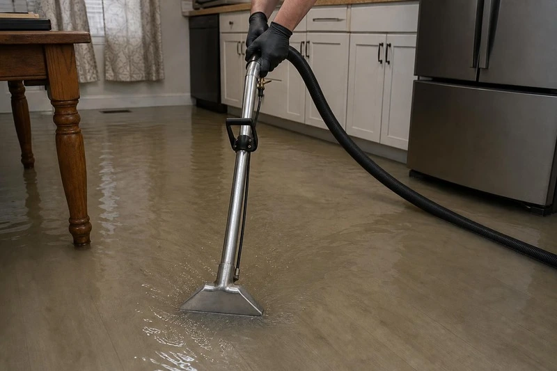 Out from under the cabinet run, a technician draws an extraction wand across a Midvale kitchen floor, water rising into the head