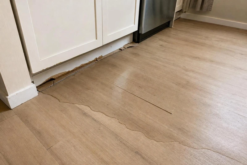 A swollen cabinet base leaks water out across the plank floor of a Midvale kitchen, a clear sheet reflecting the cabinet doors