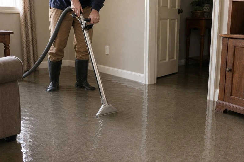 Water climbs out of a Millcreek living room carpet as a technician walks an extraction wand toward the corner