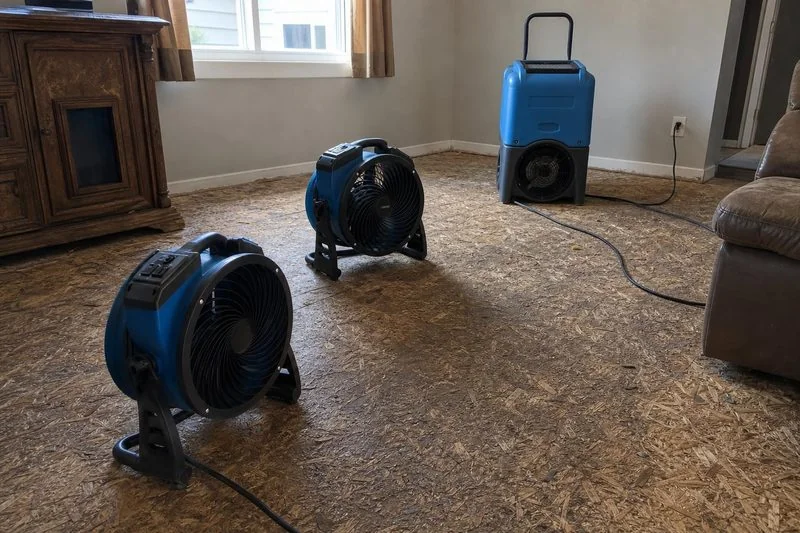 A stripped Millcreek living room dries with two air movers on the subfloor and a dehumidifier standing against the far wall