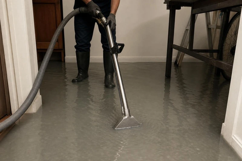 Toward the door of a Murray slab room, a technician pulls an extraction wand through the water, clearing the slab behind him