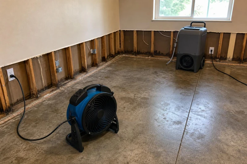 A gray dehumidifier stands under a window in a Murray room, a blue mover on the damp slab beside water-stained open studs