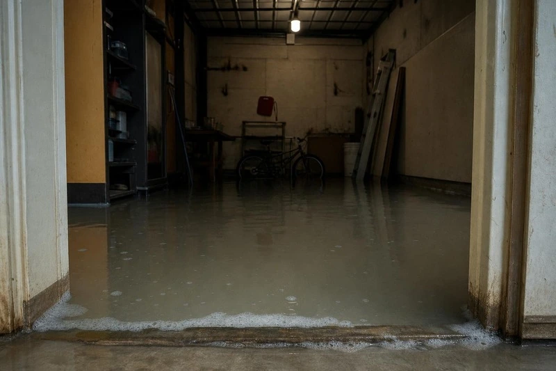 Seen from the threshold, muddy water fills a Murray slab room wall to wall, foam gathered at the doorway and stored things standing in it