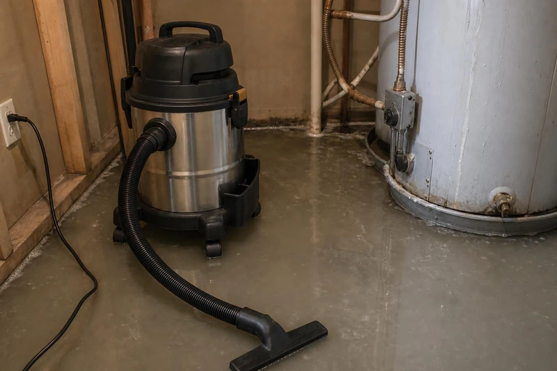A shop vac stands on wet concrete beside a water heater, hose in a loose coil, nozzle flat on the slab