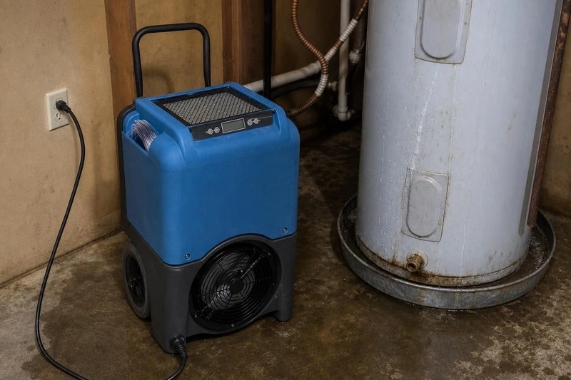 Beside the water heater a dehumidifier now runs in a North Salt Lake mechanical corner, the slab dry beneath its feet