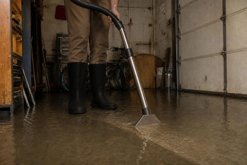 Working toward the closed door, a technician runs his extraction wand across the flooded slab in a Riverton garage