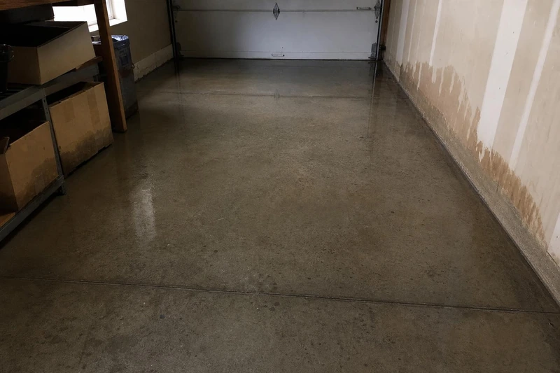 A wick line stains the drywall a foot up while water sheets flat across the garage concrete
