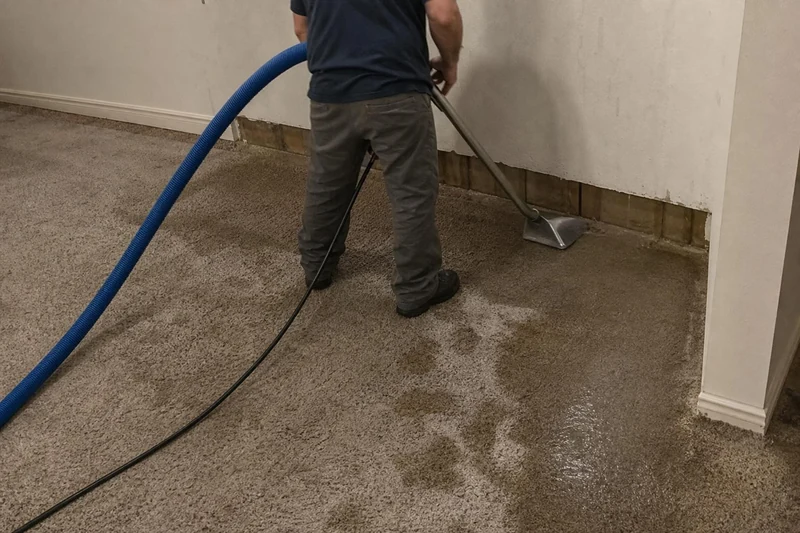 Along the wall base a worker pulls a wand through soaked carpet, free water shining where the baseboard came off