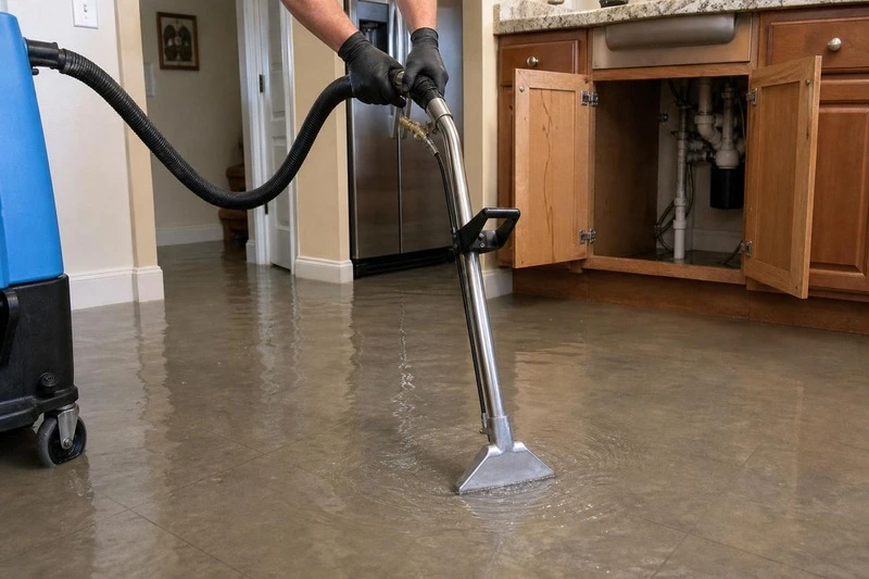 At the cabinet base a technician draws water off the tile with a wand, hose running back to a wheeled extractor