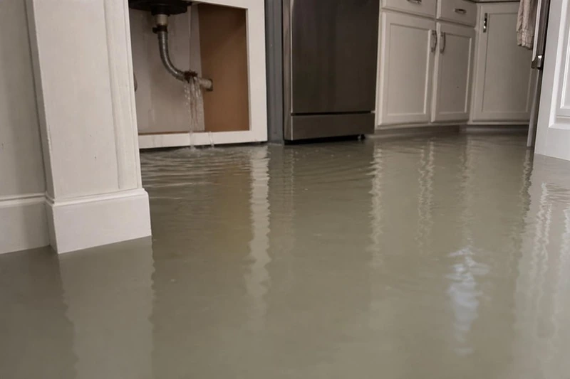 Under the sink a supply line lets go and water spreads across the tile of a South Jordan kitchen