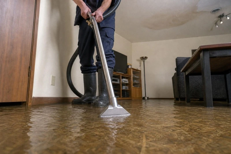 Still dripping from above, the ceiling drops water onto the floor while a technician works an extraction wand across it