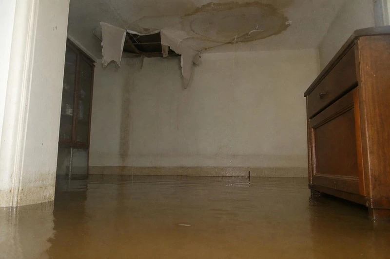 An inch deep across the main floor, water catches the light as drips keep falling from the ceiling