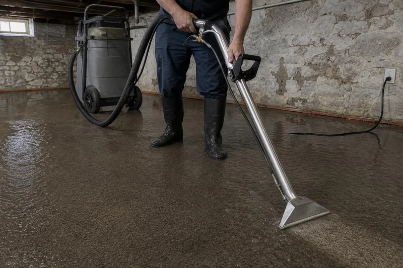 A worker in tall rubber boots drags his wand across a stone-walled basement, cutting a clean track through brown water