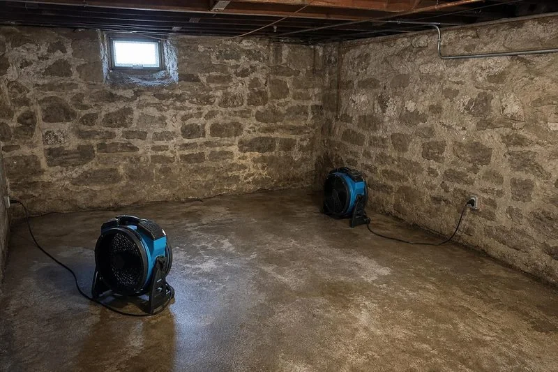 Against stone foundation walls, two blue movers run on a dry concrete floor and push air along the rock