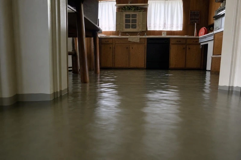 Shallow at the base of the cabinet run, water spreads out across a West Bountiful kitchen floor