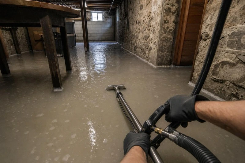 In the meltwater a technician walks the wand forward while water climbs the hose toward the extractor