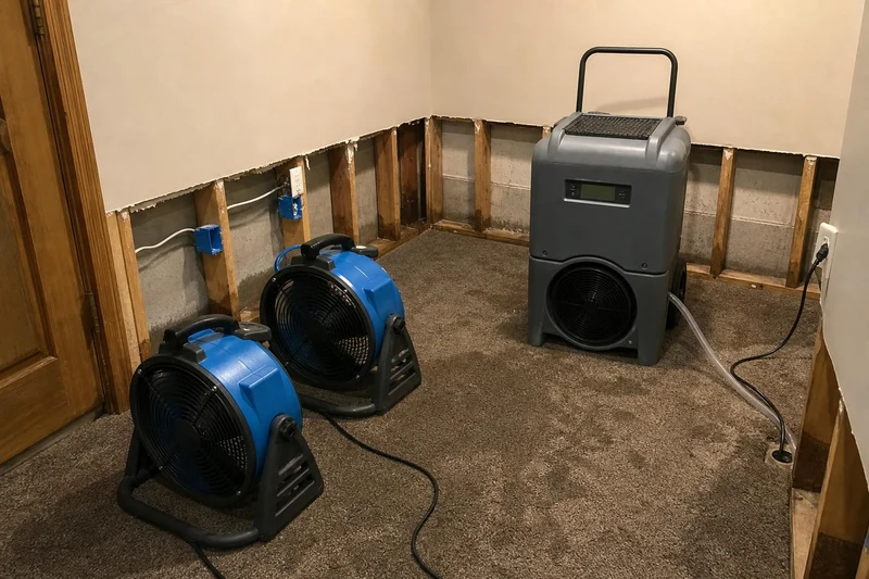 A condensate hose runs from the dehumidifier across damp carpet in a West Jordan basement, with two movers pointing at the wall