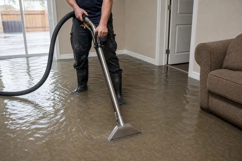 Boots planted in the water, a technician runs the wand across a West Valley City lower level, the hose trailing back to a wheeled extractor behind him
