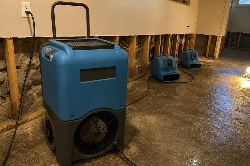 Bare concrete dries under two air movers and a dehumidifier in West Valley City, below a wall opened to the studs and the old stone behind it