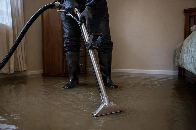 Ankle deep on soaked Woods Cross carpet, a technician stands over the extraction wand and drives its head forward through the water
