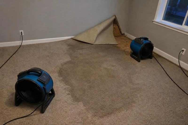 Rolled back at the corner, the Woods Cross carpet dries under two fans with the pad already hauled out