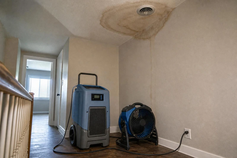 Brown water stain spreading across a ceiling under the swamp cooler register, dehumidifier and air mover set up on the floor below it