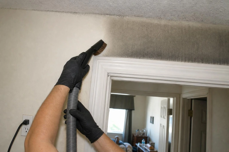 Gloved technician vacuuming smoke residue off a door casing in a Utah home with a soft brush attachment, soot darkening the wall above the trim